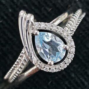 Gold plated Silver Blue Topaz Cz(0.95ct) Rhodium Plated Ring Size 7